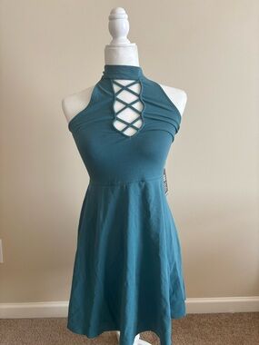 Express Blue Halter Mini Dress with Lattice Neckline
